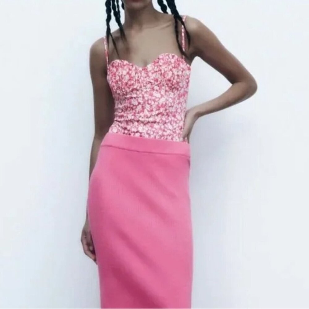 NWT ZARA Barbie Pink Tones Printed Corset Bodysuit Sweetheart Neck Size‎ S